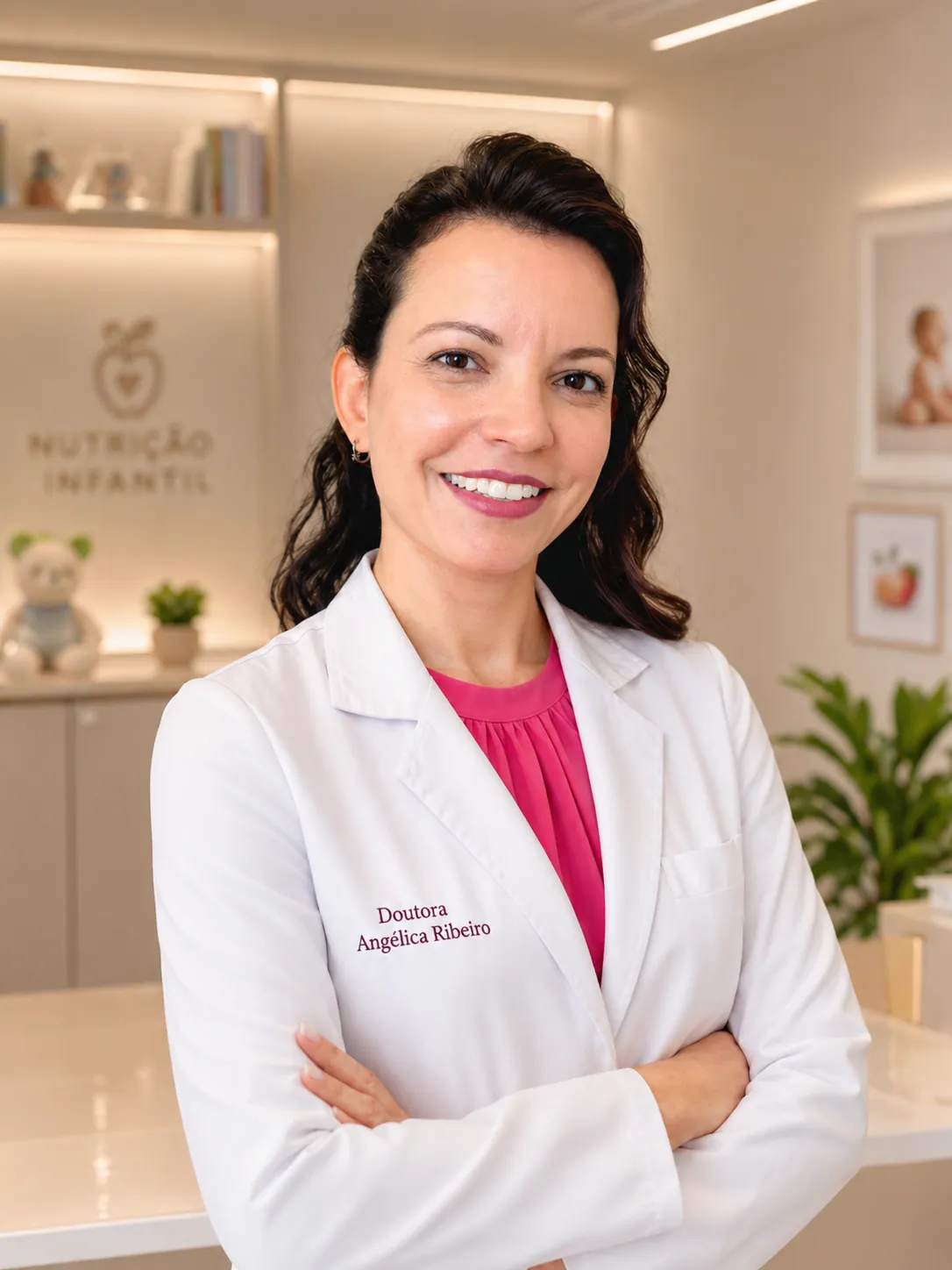 Dra. Angélica Ribeiro e Silva em seu consultório de nutrição infantil